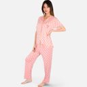 Pink Medium Women's Polka Dot Short Sleeve Button-Up Pajama Set with Pocket Detail