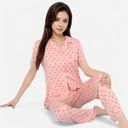 Pink Medium Women's Polka Dot Short Sleeve Button-Up Pajama Set with Pocket Detail