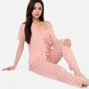 Pink Small Women's Polka Dot Short Sleeve Button-Up Pajama Set with Pocket Detail