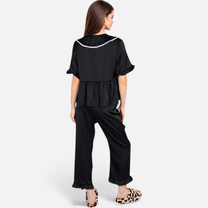 Women's Embroidered Collar Pajama Set with Ruffle Trim and Button-Up Top