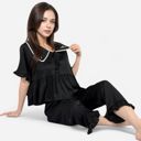 Black Small Women's Embroidered Collar Pajama Set with Ruffle Trim and Button-Up Top