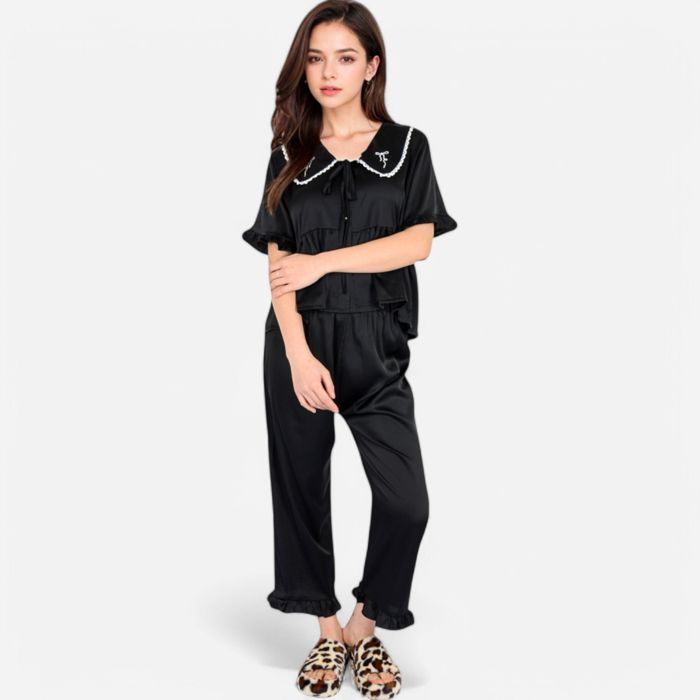 Women's Embroidered Collar Pajama Set with Ruffle Trim and Button-Up Top