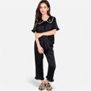 Black Small Women's Embroidered Collar Pajama Set with Ruffle Trim and Button-Up Top