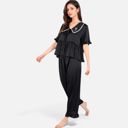 Black Small Women's Embroidered Collar Pajama Set with Ruffle Trim and Button-Up Top