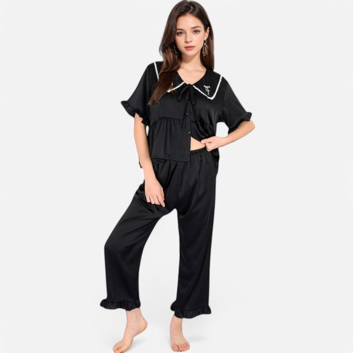 Women's Embroidered Collar Pajama Set with Ruffle Trim and Button-Up Top
