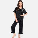 Black Small Women's Embroidered Collar Pajama Set with Ruffle Trim and Button-Up Top