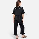 Black Small Women's Embroidered Collar Pajama Set with Ruffle Trim and Button-Up Top