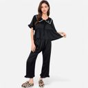 Black Small Women's Embroidered Collar Pajama Set with Ruffle Trim and Button-Up Top
