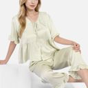 Green Large Women's Embroidered Collar Pajama Set with Ruffle Trim and Button-Up Top