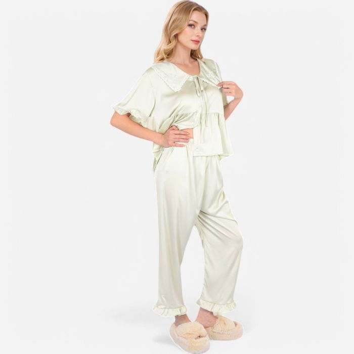 Women's Embroidered Collar Pajama Set with Ruffle Trim and Button-Up Top