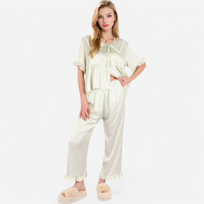 Women's Embroidered Collar Pajama Set with Ruffle Trim and Button-Up Top