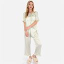 Green Medium Women's Embroidered Collar Pajama Set with Ruffle Trim and Button-Up Top