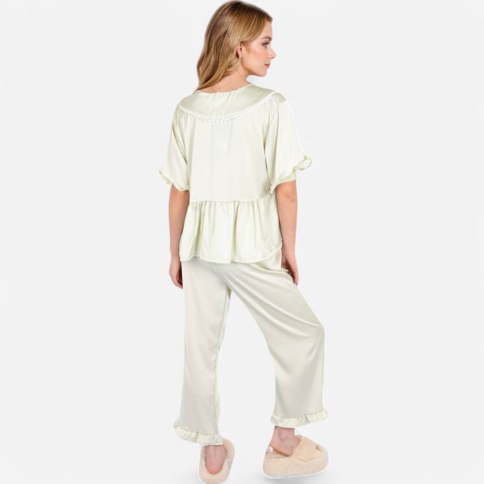 Women's Embroidered Collar Pajama Set with Ruffle Trim and Button-Up Top