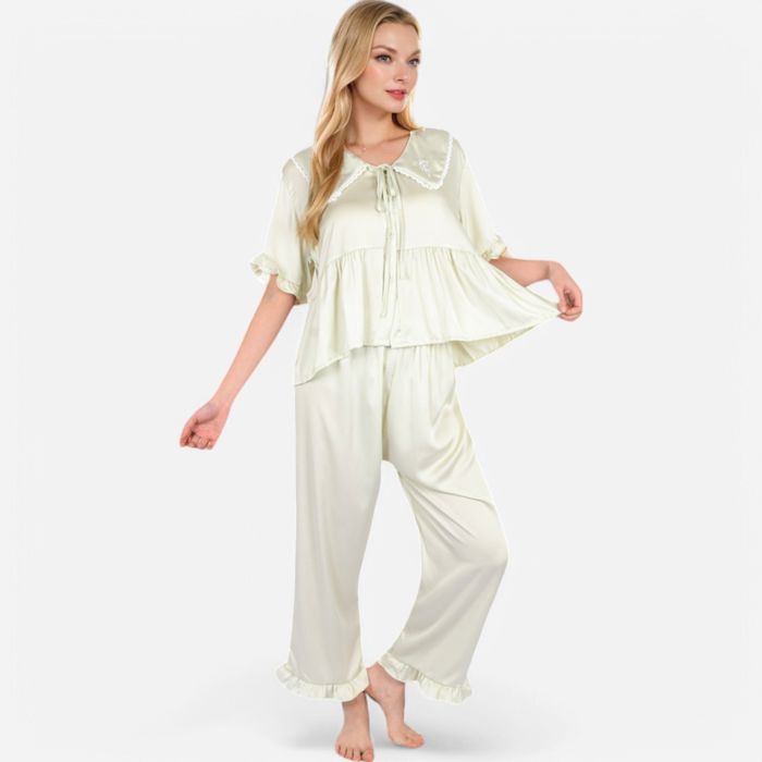 Women's Embroidered Collar Pajama Set with Ruffle Trim and Button-Up Top