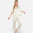 Green Medium Women's Embroidered Collar Pajama Set with Ruffle Trim and Button-Up Top