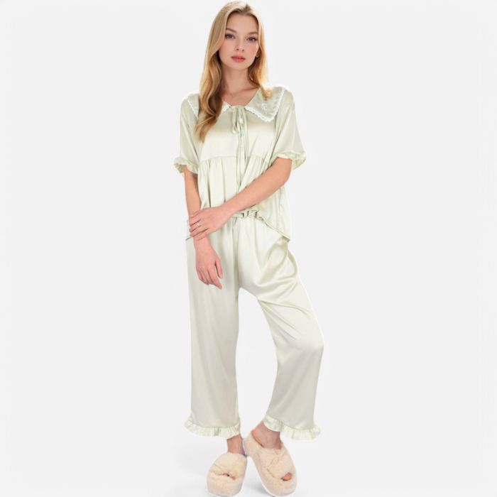 Women's Embroidered Collar Pajama Set with Ruffle Trim and Button-Up Top