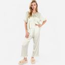 Green Small Women's Embroidered Collar Pajama Set with Ruffle Trim and Button-Up Top