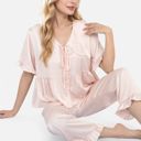Pink Large Women's Embroidered Collar Pajama Set with Ruffle Trim and Button-Up Top