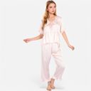 Pink Large Women's Embroidered Collar Pajama Set with Ruffle Trim and Button-Up Top