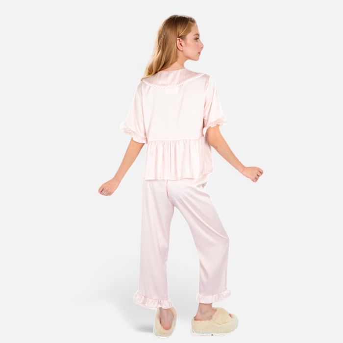 Women's Embroidered Collar Pajama Set with Ruffle Trim and Button-Up Top