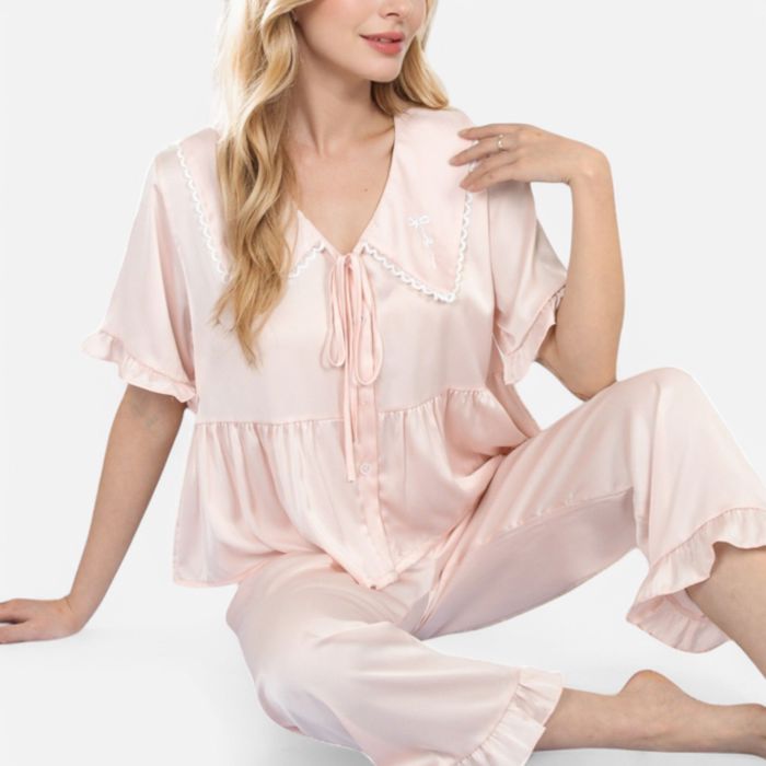 Women's Embroidered Collar Pajama Set with Ruffle Trim and Button-Up Top