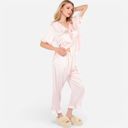 Pink Small Women's Embroidered Collar Pajama Set with Ruffle Trim and Button-Up Top