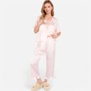 Pink Small Women's Embroidered Collar Pajama Set with Ruffle Trim and Button-Up Top