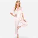 Pink Small Women's Embroidered Collar Pajama Set with Ruffle Trim and Button-Up Top