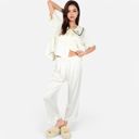 White Large Women's Embroidered Collar Pajama Set with Ruffle Trim and Button-Up Top