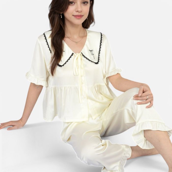 Women's Embroidered Collar Pajama Set with Ruffle Trim and Button-Up Top