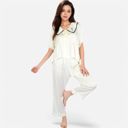 White Medium Women's Embroidered Collar Pajama Set with Ruffle Trim and Button-Up Top