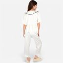White Medium Women's Embroidered Collar Pajama Set with Ruffle Trim and Button-Up Top