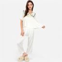 White Medium Women's Embroidered Collar Pajama Set with Ruffle Trim and Button-Up Top