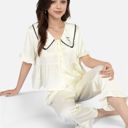 White Small Women's Embroidered Collar Pajama Set with Ruffle Trim and Button-Up Top