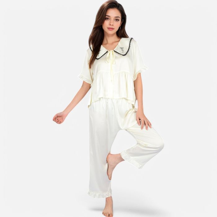 Women's Embroidered Collar Pajama Set with Ruffle Trim and Button-Up Top