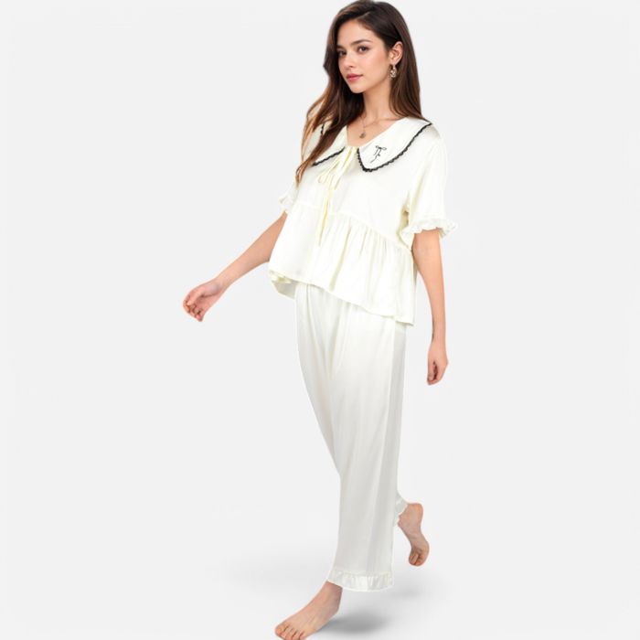 Women's Embroidered Collar Pajama Set with Ruffle Trim and Button-Up Top