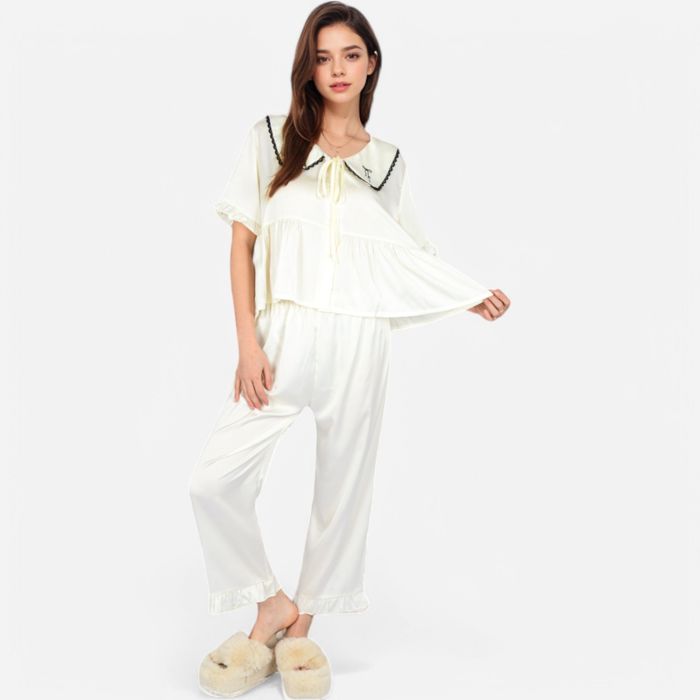 Women's Embroidered Collar Pajama Set with Ruffle Trim and Button-Up Top