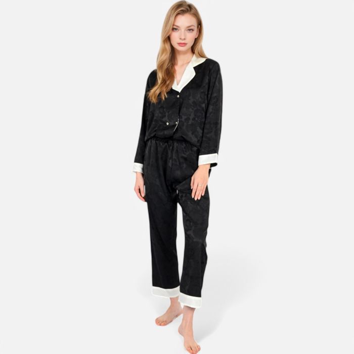 Women's Satin Pajama Set with Contrast Trim and Button-Up Top