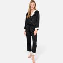 Black Medium Women's Satin Pajama Set with Contrast Trim and Button-Up Top