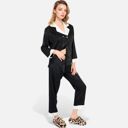 Black Medium Women's Satin Pajama Set with Contrast Trim and Button-Up Top