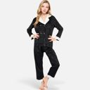 Black Medium Women's Satin Pajama Set with Contrast Trim and Button-Up Top