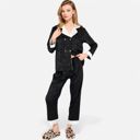 Black Small Women's Satin Pajama Set with Contrast Trim and Button-Up Top