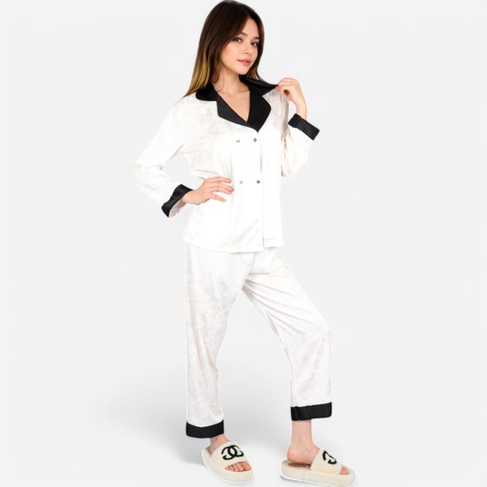Women's Satin Pajama Set with Contrast Trim and Button-Up Top