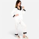 Pink Medium Women's Satin Pajama Set with Contrast Trim and Button-Up Top