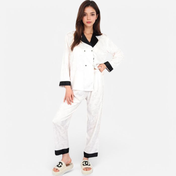 Women's Satin Pajama Set with Contrast Trim and Button-Up Top