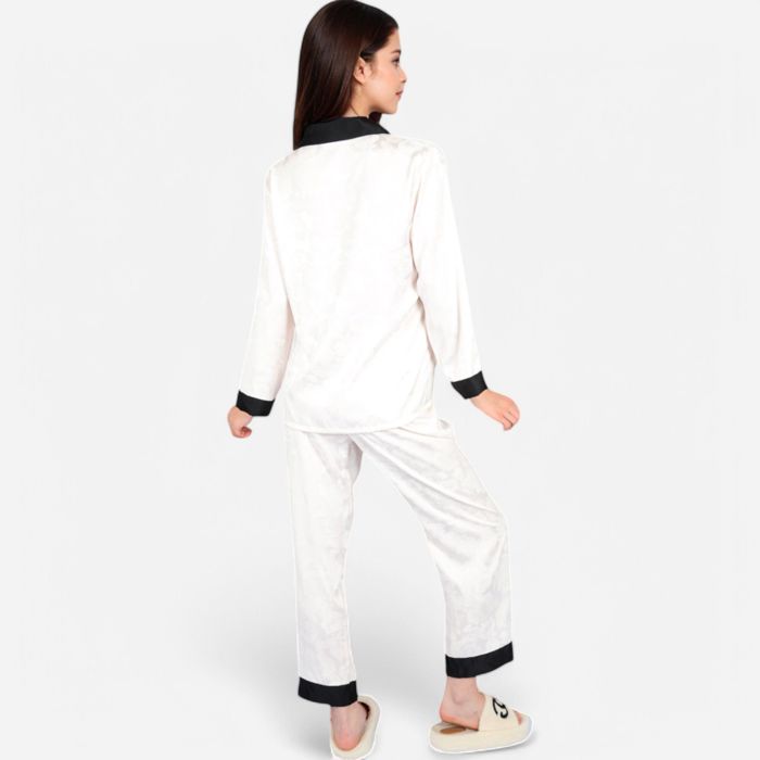 Women's Satin Pajama Set with Contrast Trim and Button-Up Top