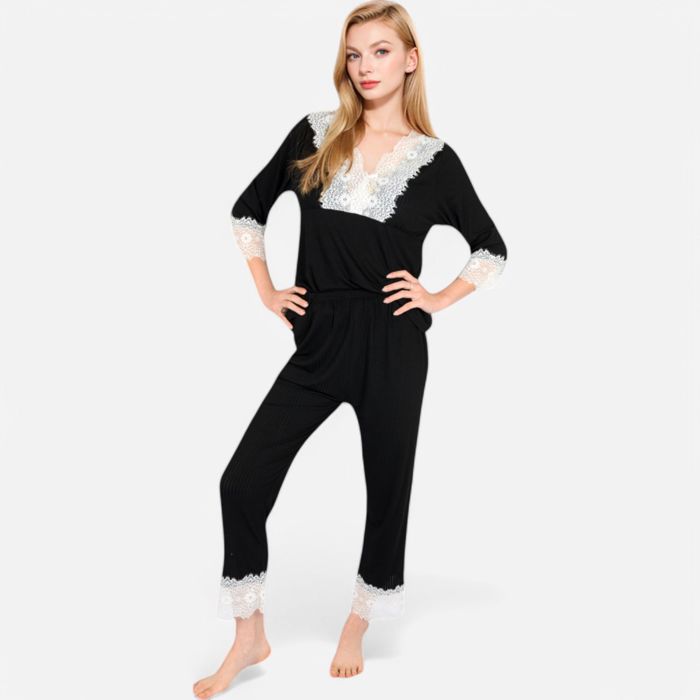 Women's Lace Trim Pajama Set with 3/4 Sleeve Top and Elastic Waist Pants