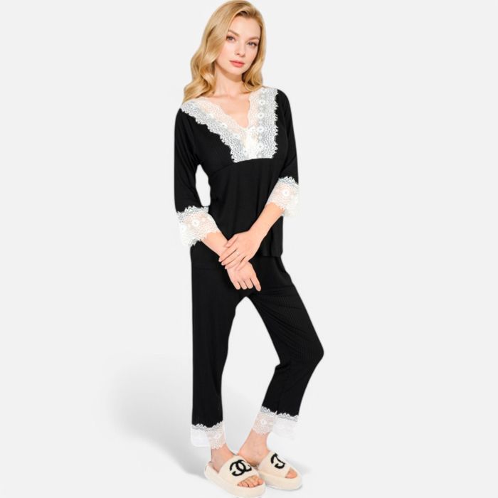 Women's Lace Trim Pajama Set with 3/4 Sleeve Top and Elastic Waist Pants