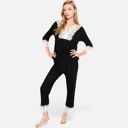 Black Small Women's Lace Trim Pajama Set with 3/4 Sleeve Top and Elastic Waist Pants