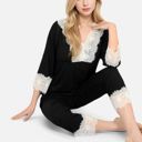 Black XL Women's Lace Trim Pajama Set with 3/4 Sleeve Top and Elastic Waist Pants